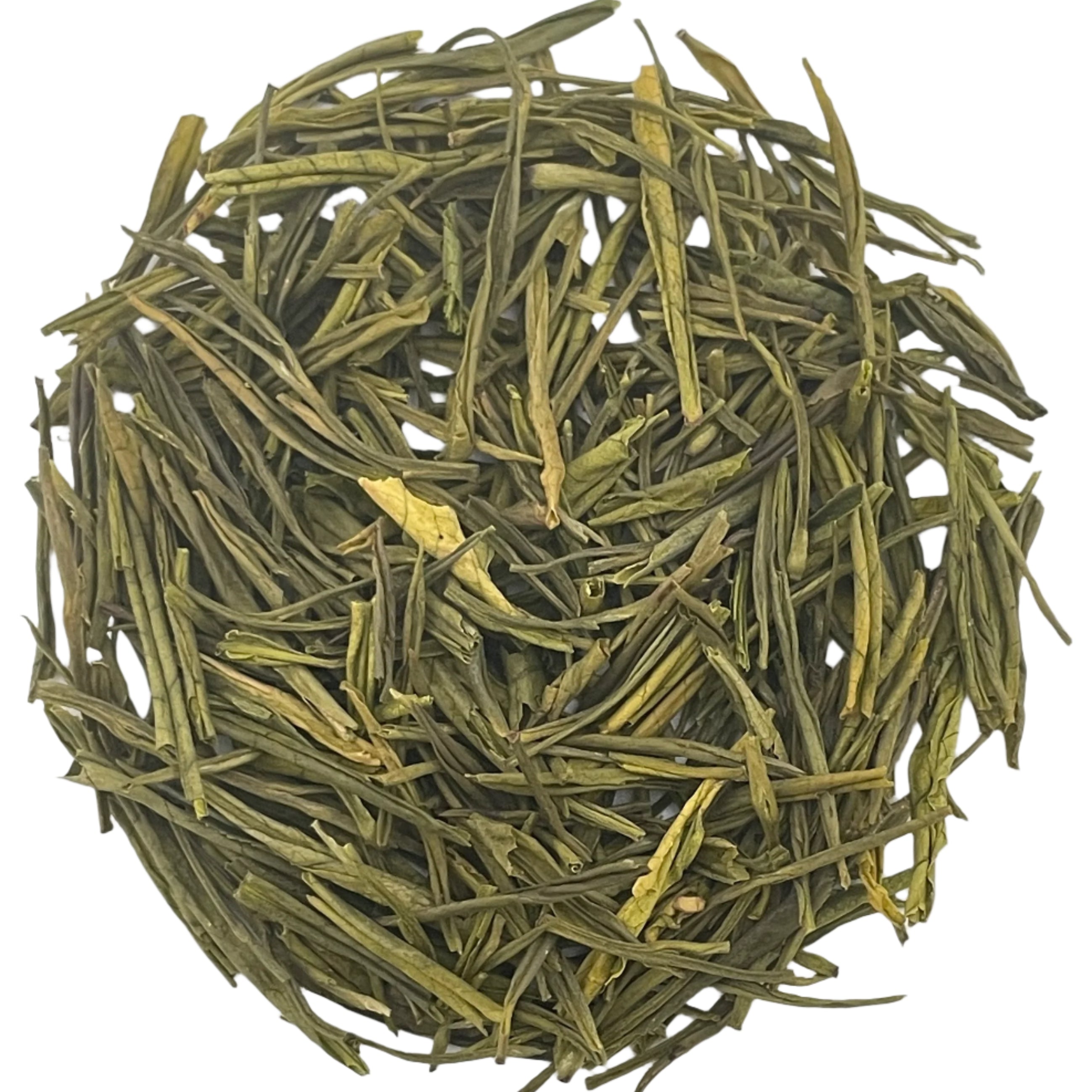 Green tea leaves on a white background