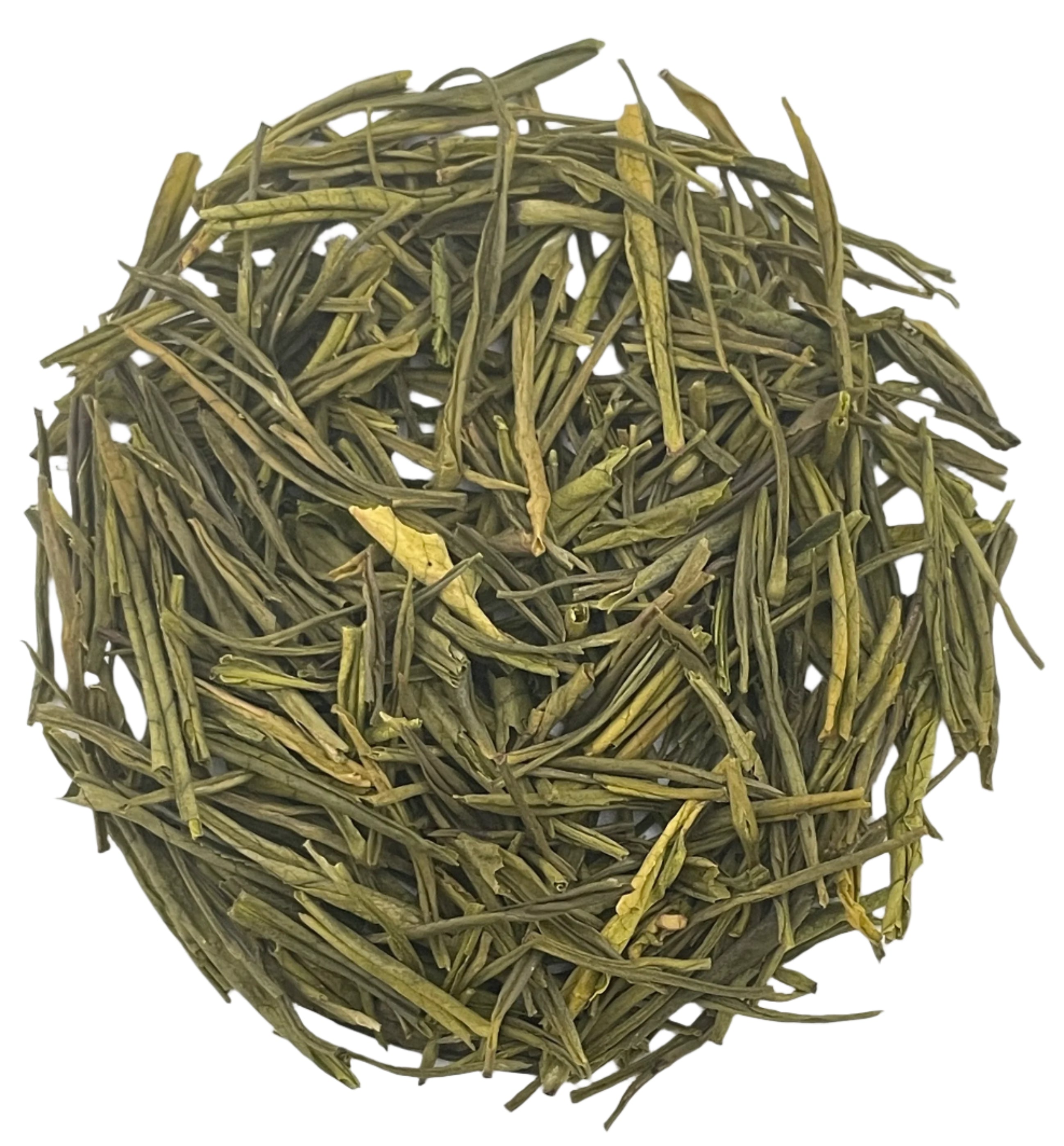 Green tea leaves on a white background