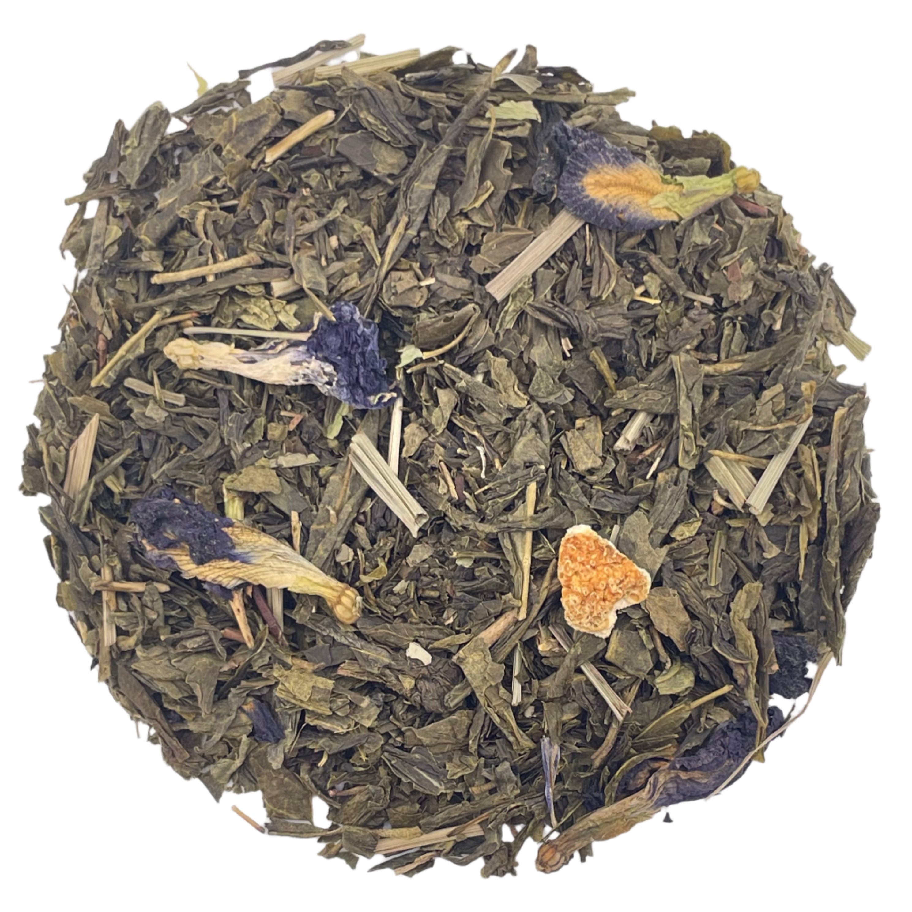 Green tea leaves with blue flowers and dried lemon pieces