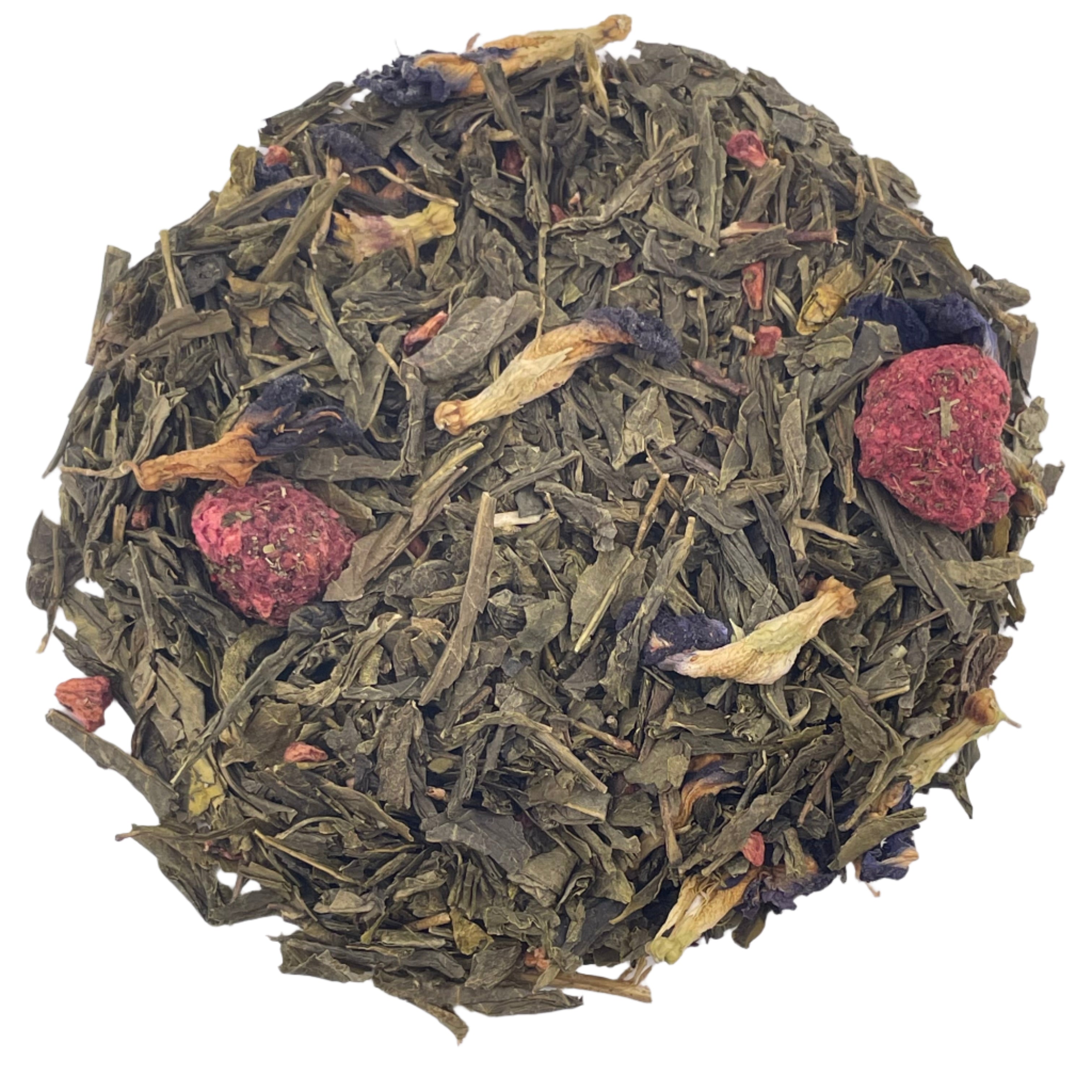 Tea leaves with dried fruit pieces on a white background