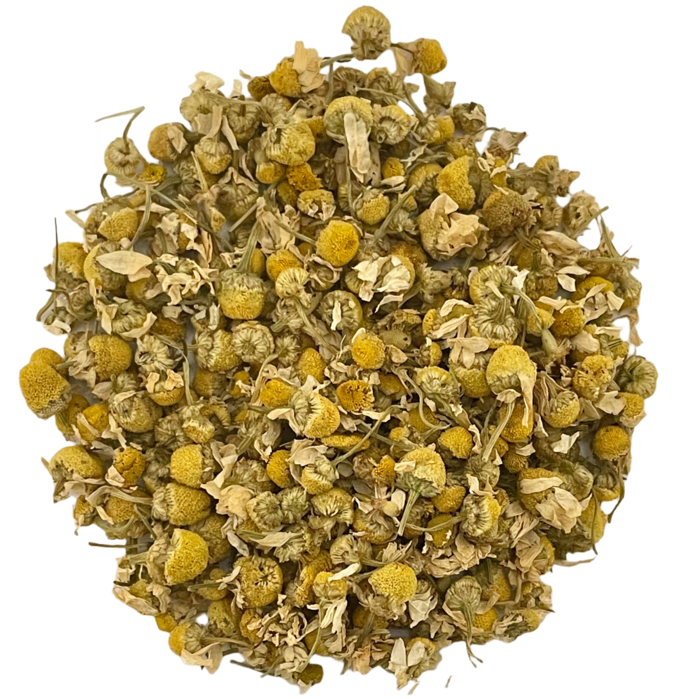 Heap of dried chamomile flowers on a white background