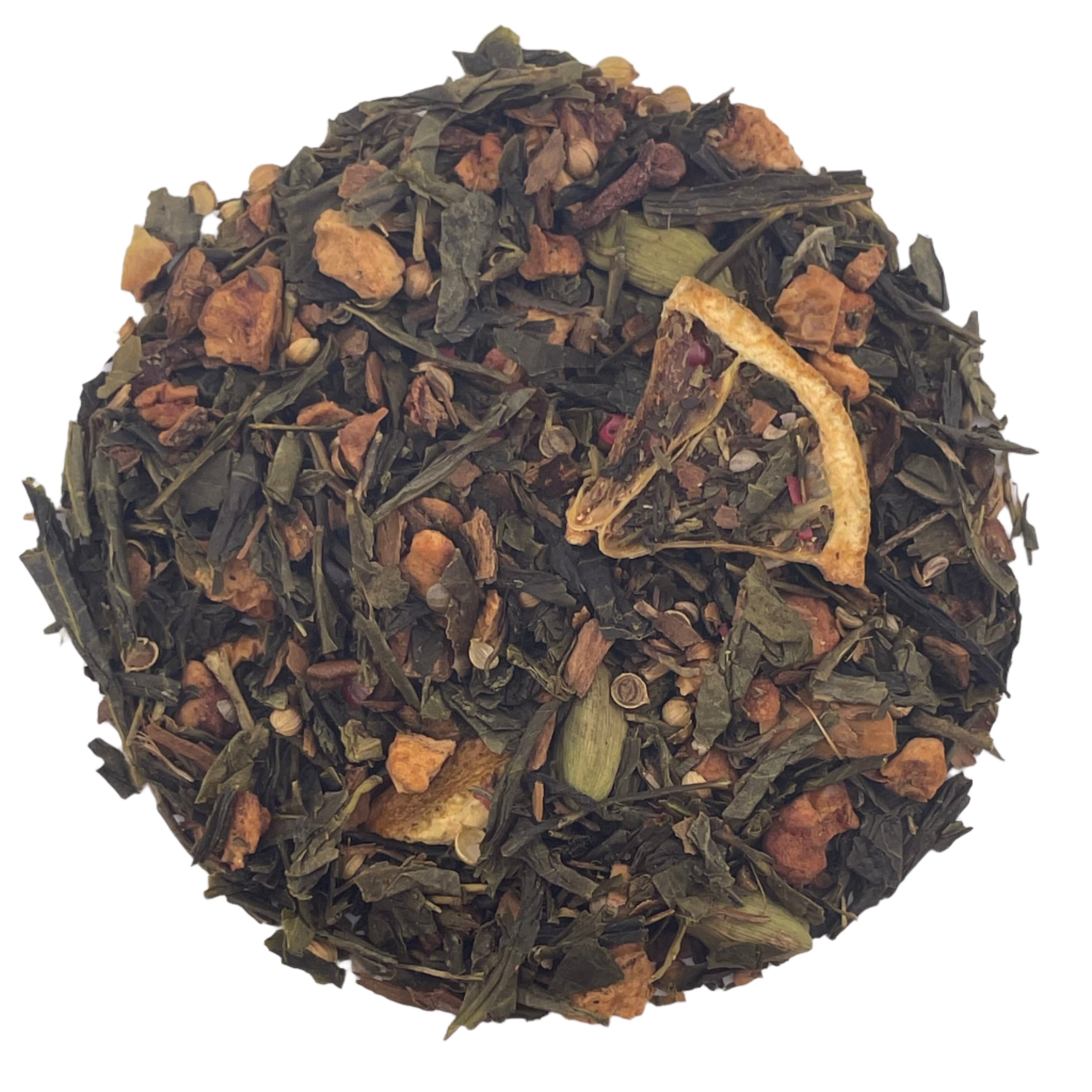 green tea leaves with dried orange, cloves