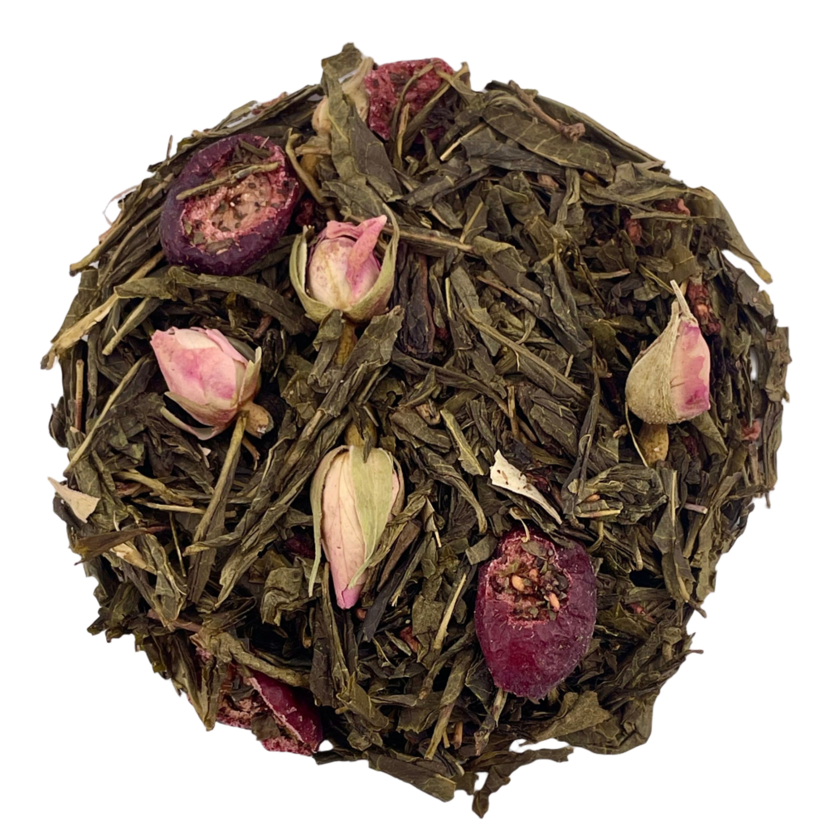 Green tea leaves with dried cranberry and rose buds