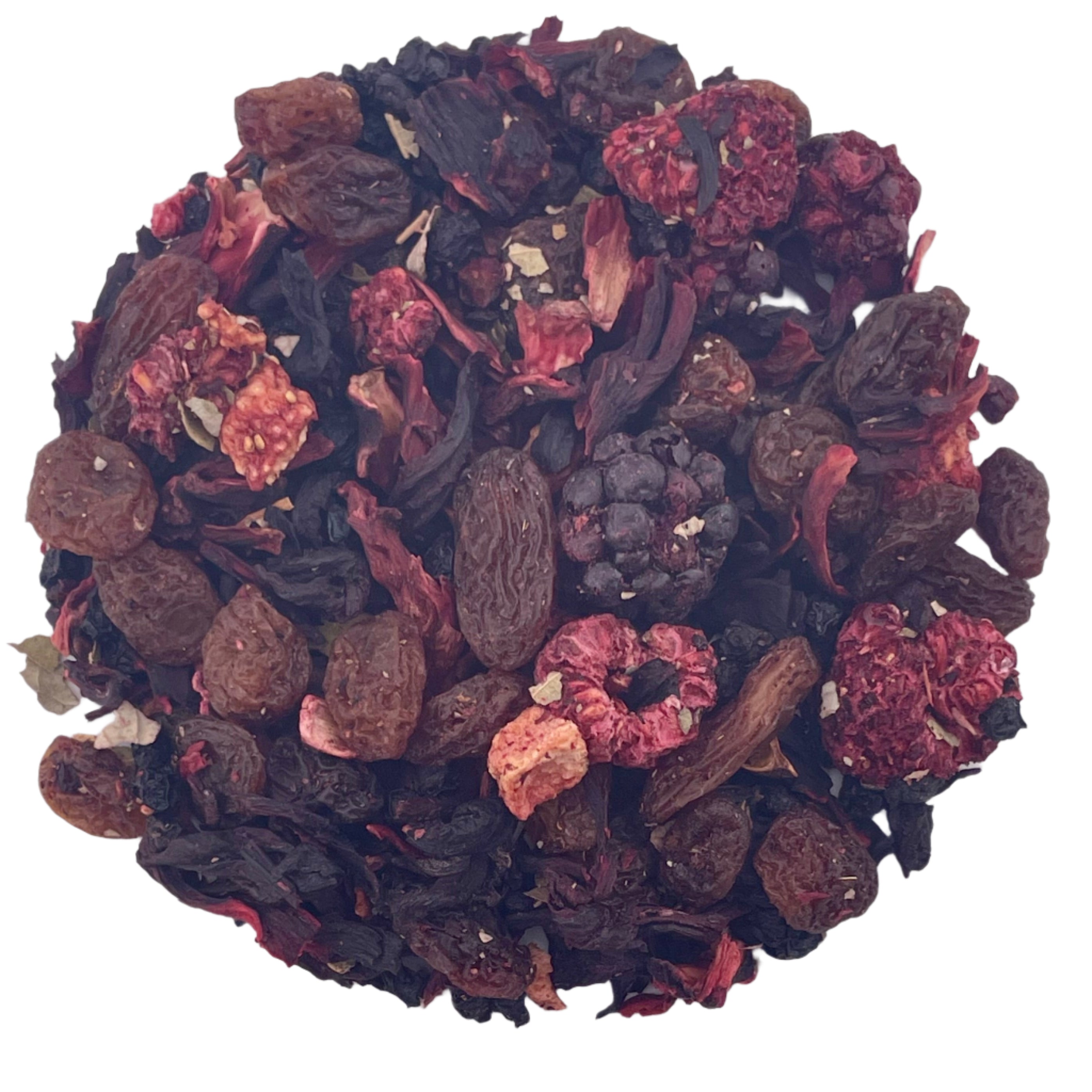 Assorted dried fruits and spices on a white background