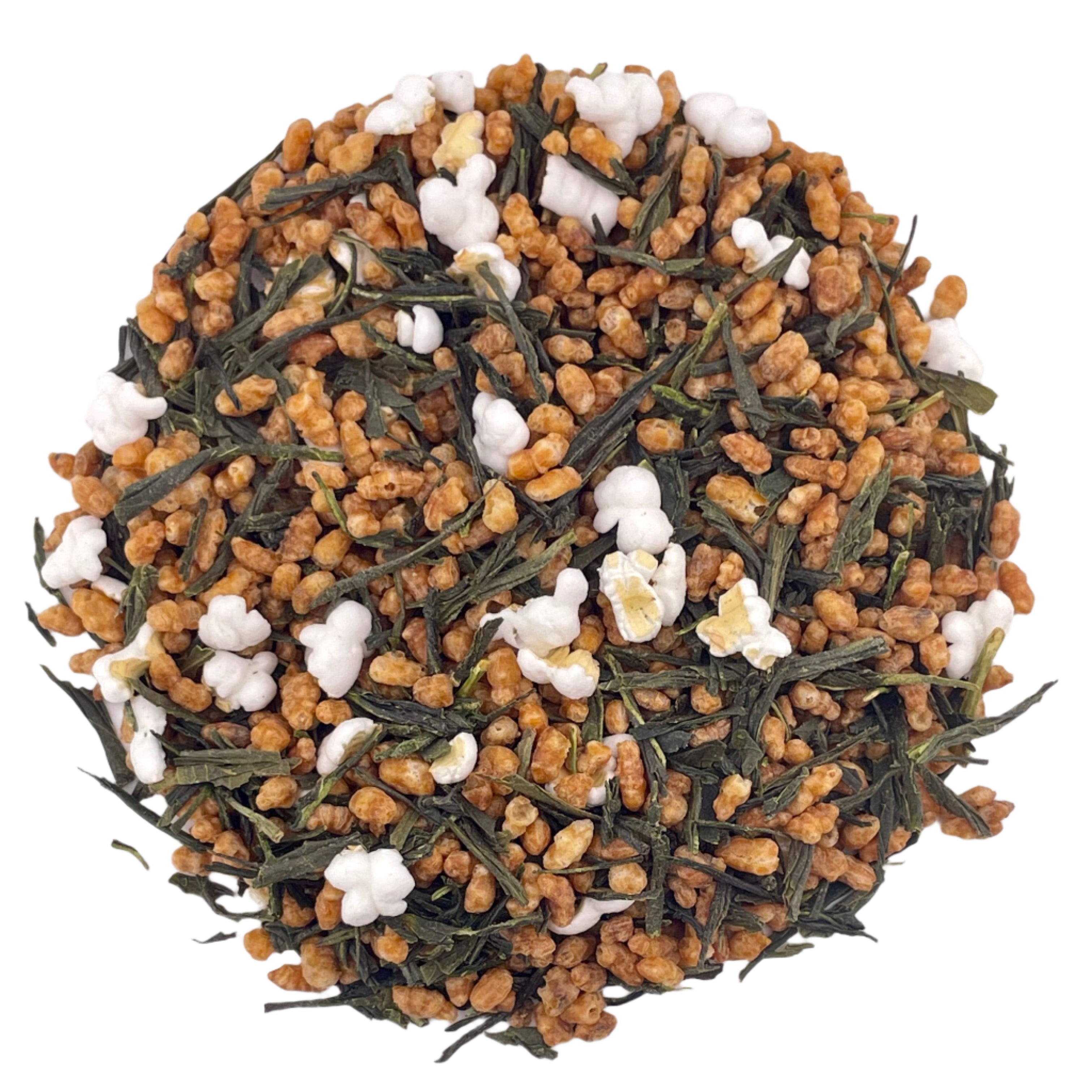 Tea leaves with popcorn-shaped corn on a white background