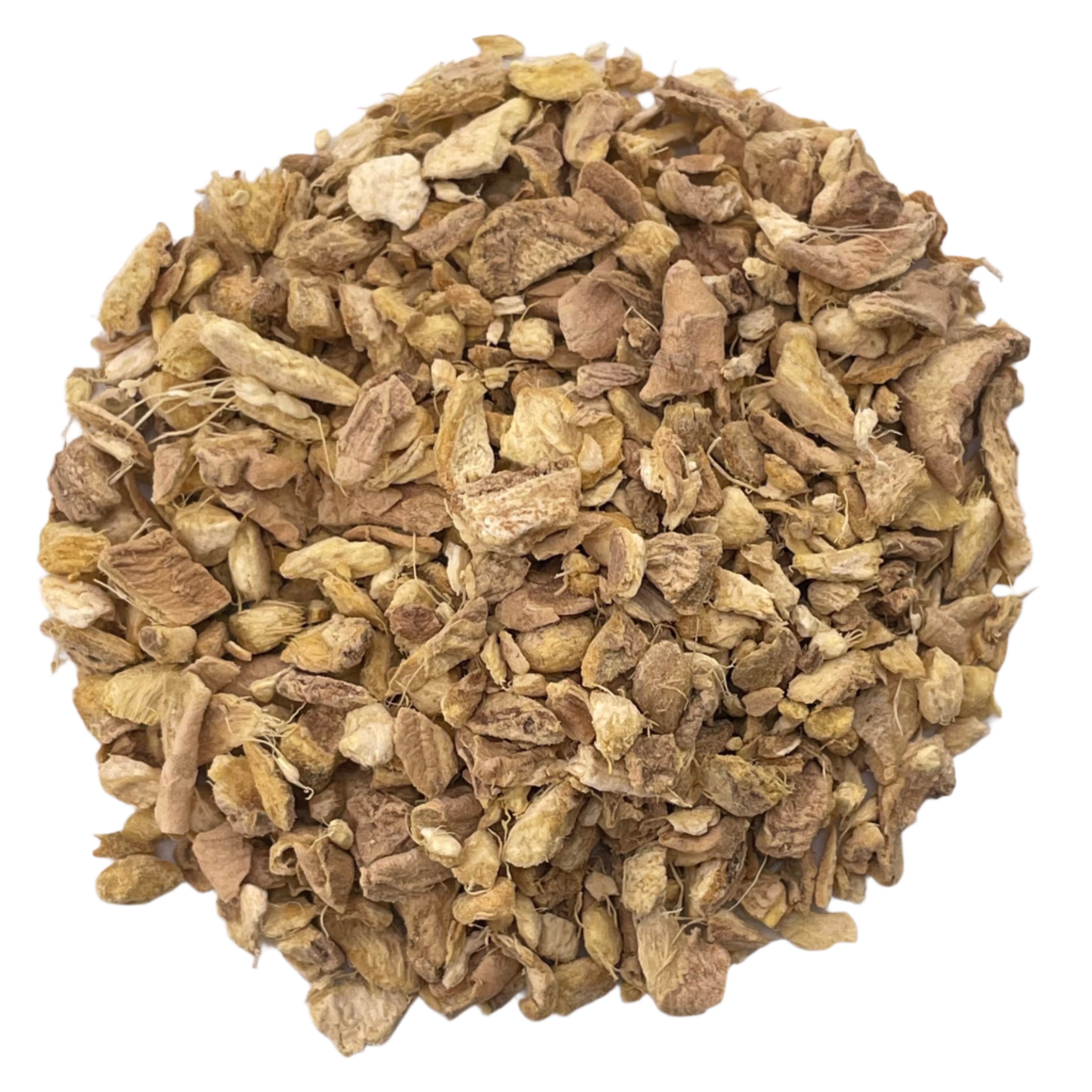 Heap of dried ginger root on a white background