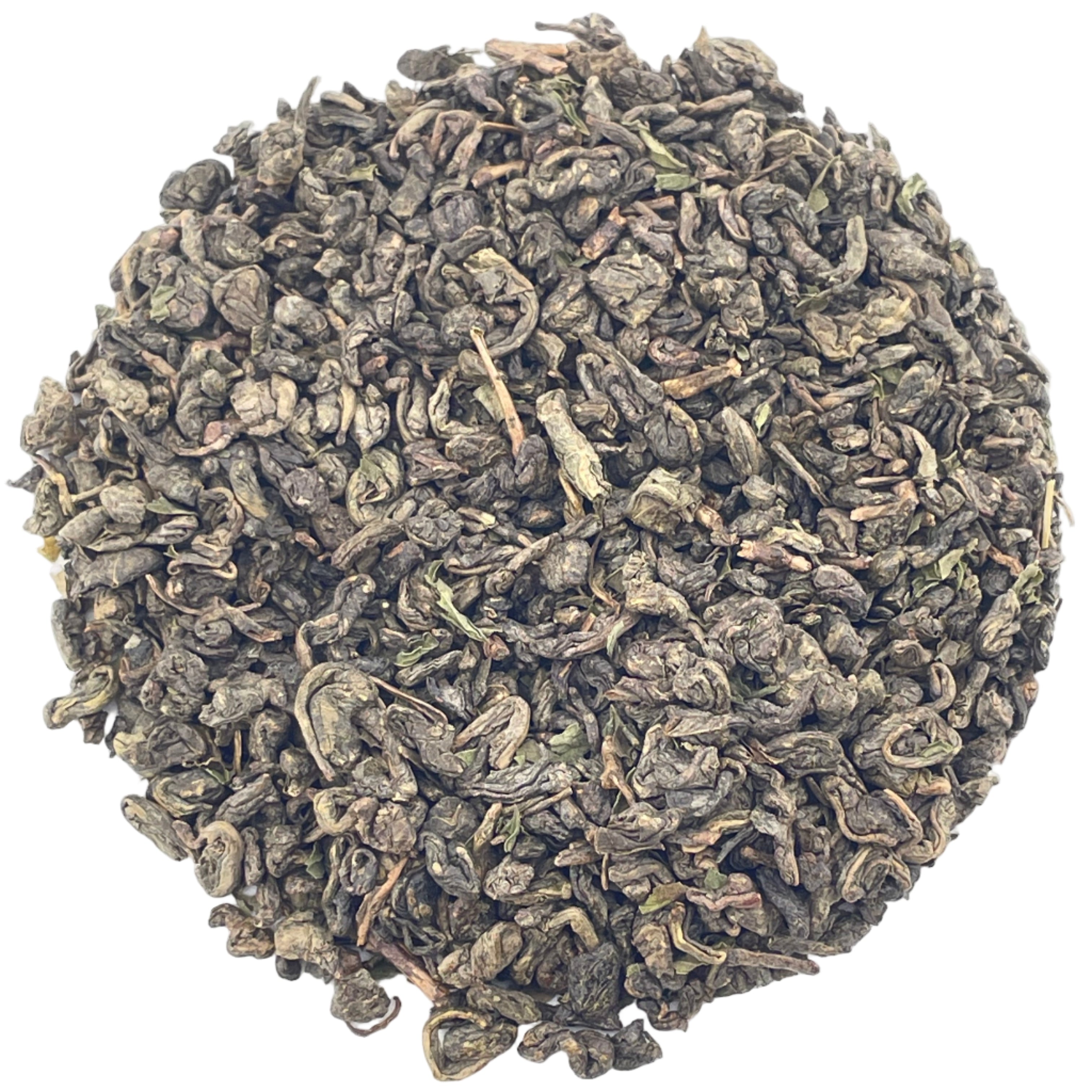 Dry green tea leaves on a white background