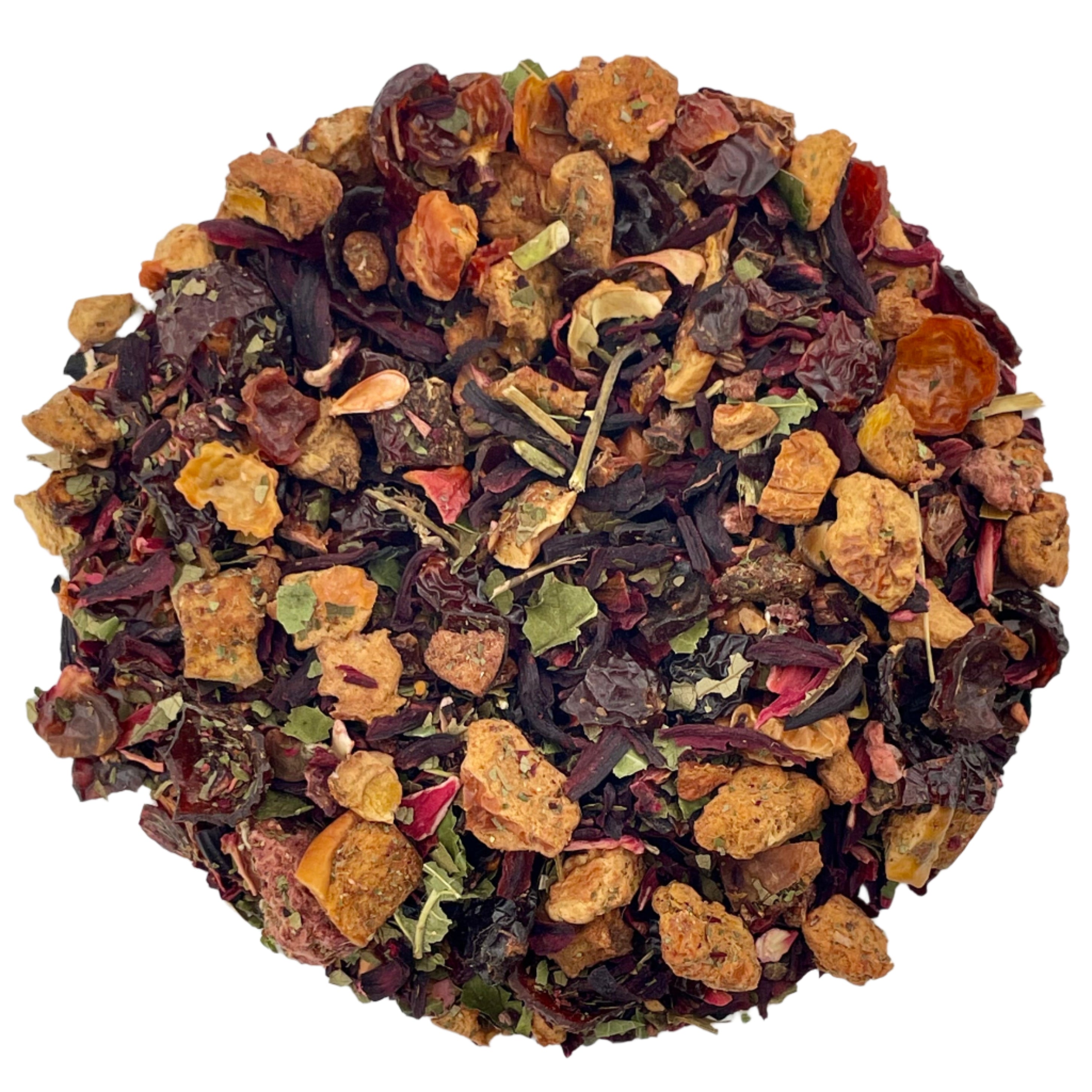 Assorted dried fruit tea leaves on a white background