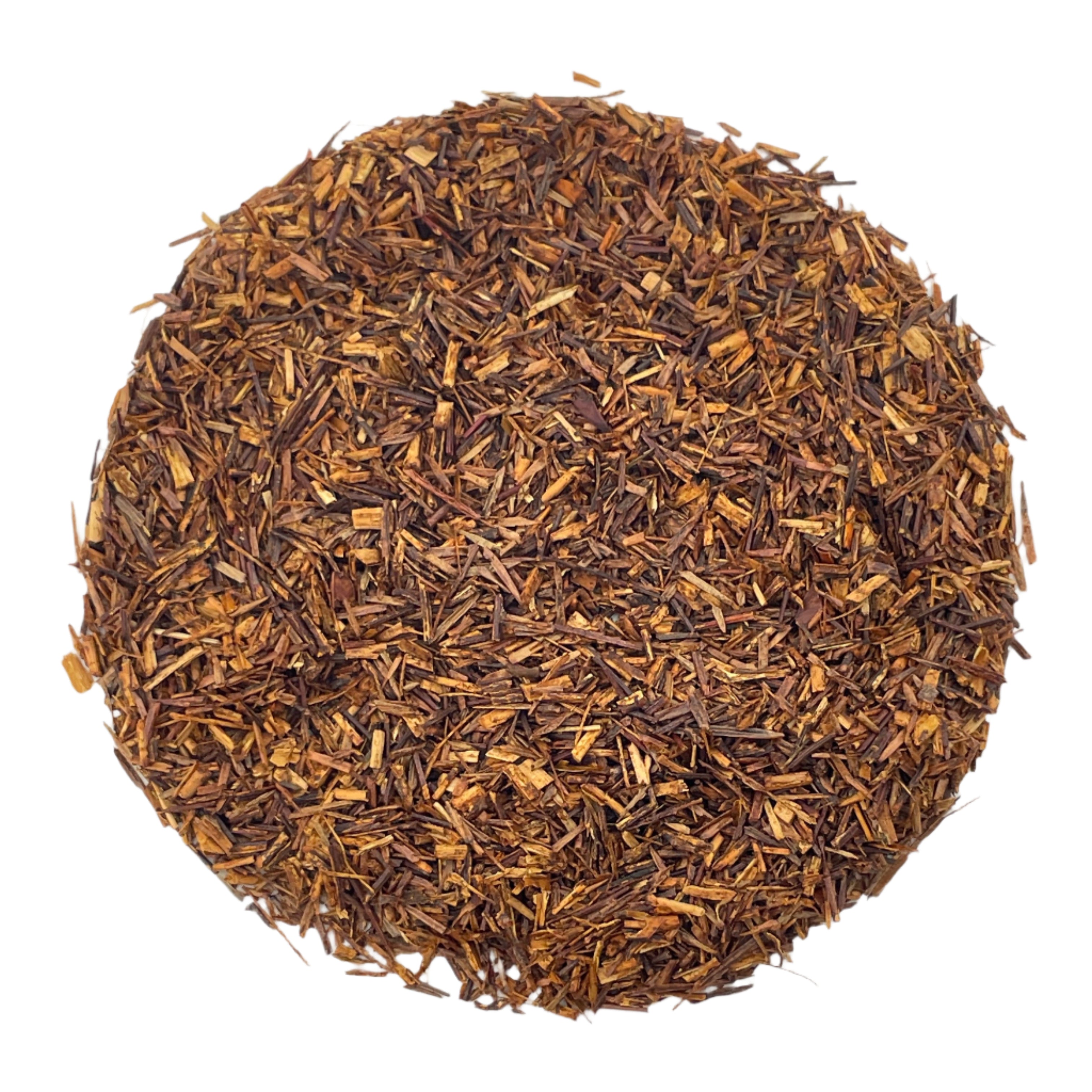 Round pile of loose leaf rooibos leaves on a white background