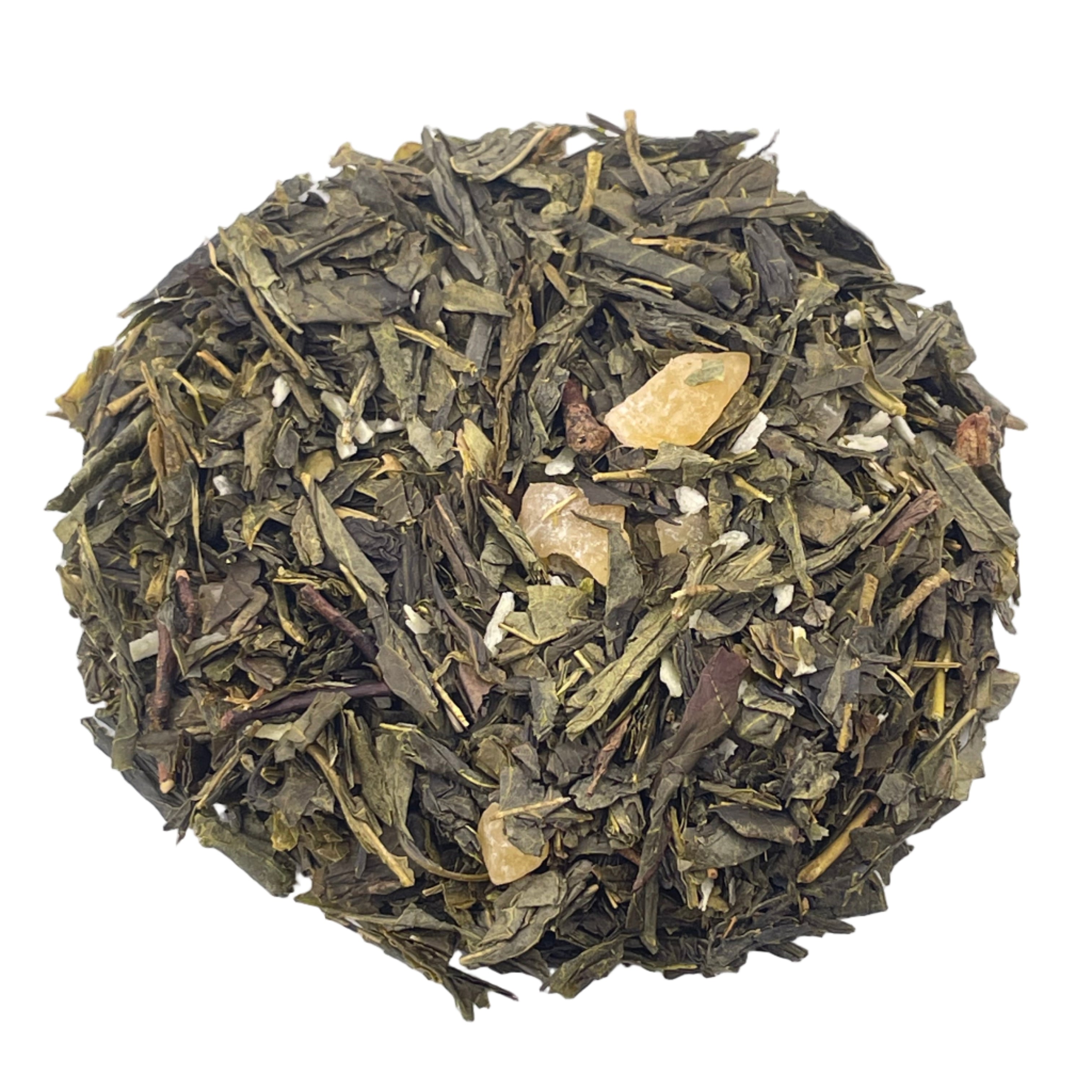 Close-up of green tea leaves on a white background