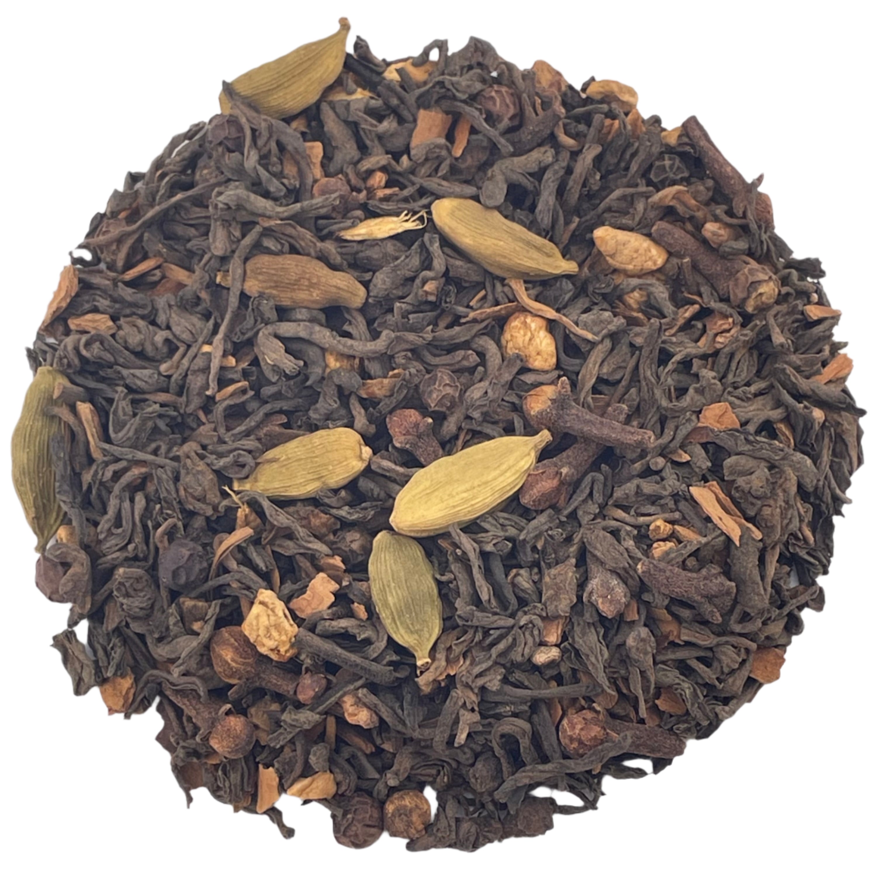 Spiced tea blend with cardamom pods on a white background