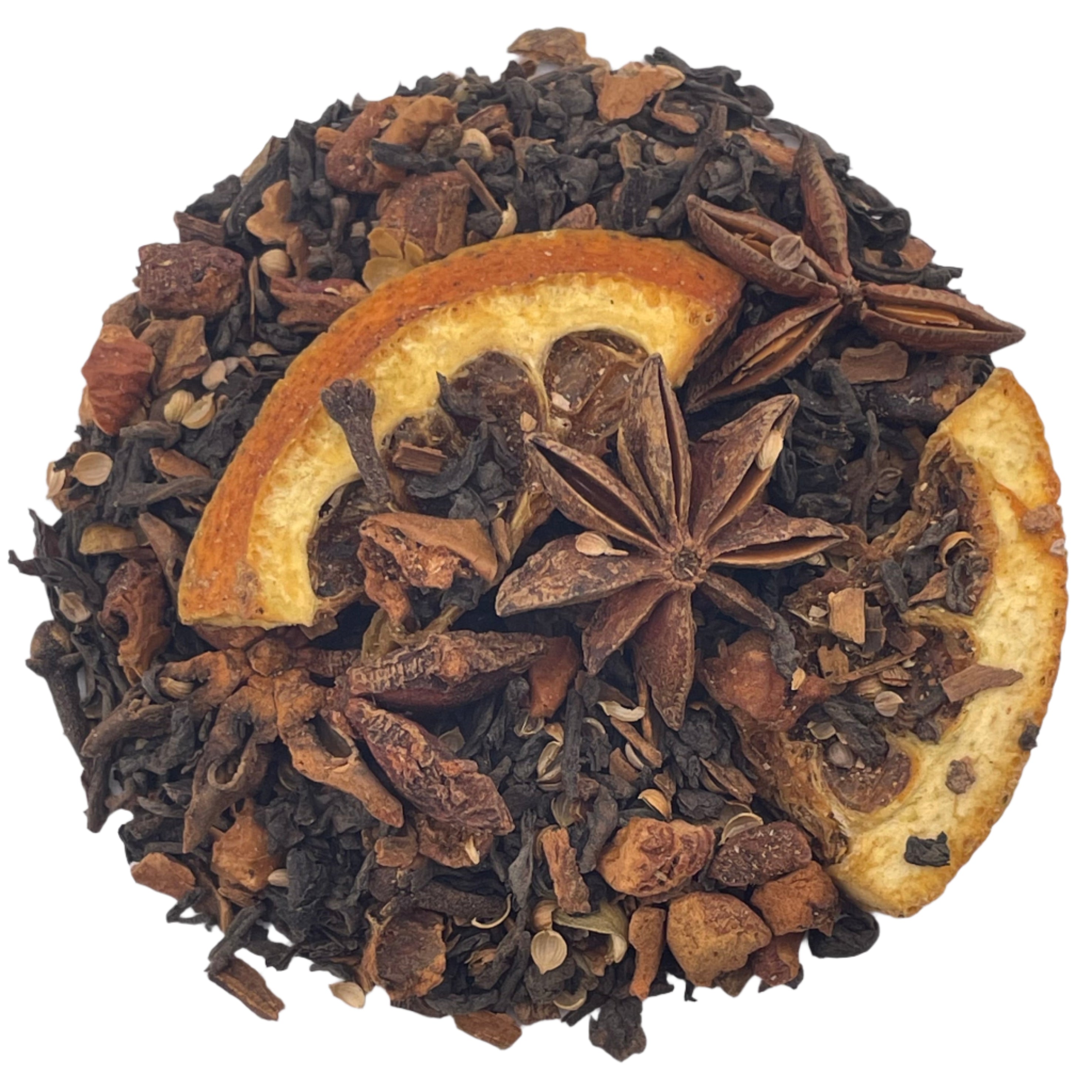 Spice tea mix with star anise, orange peel, and other ingredients on a white background