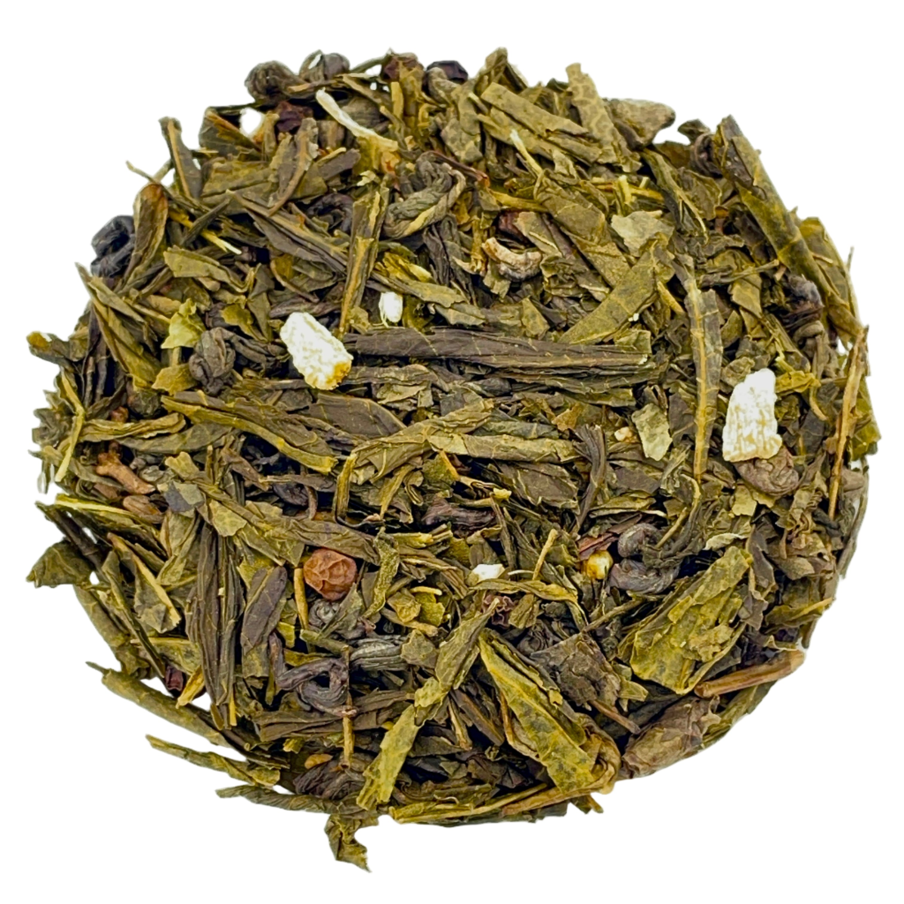Loose leaf sencha and ginger tea on white background