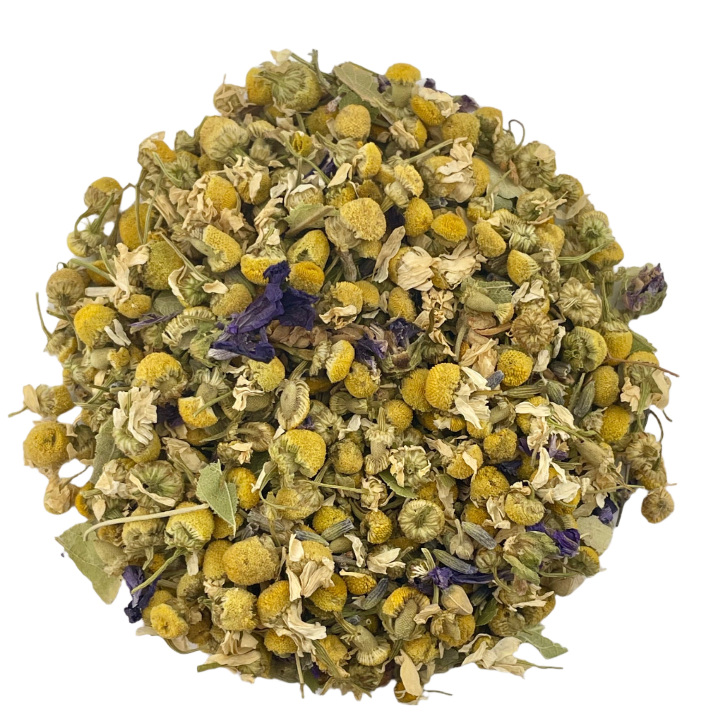 Heap of dried yellow and green herbs and flowers on a white background