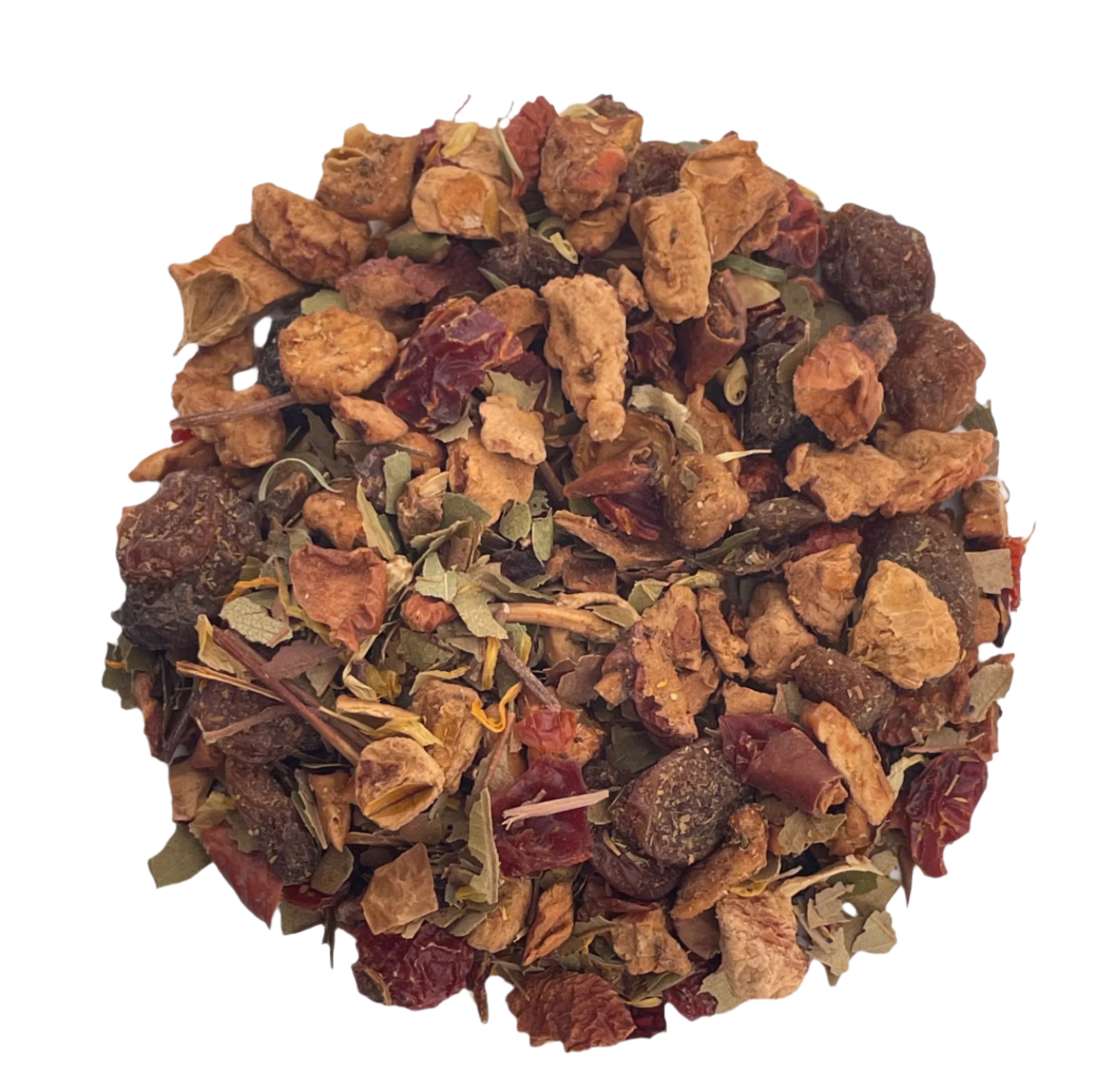 Ball of assorted dried fruits and spices on a white background