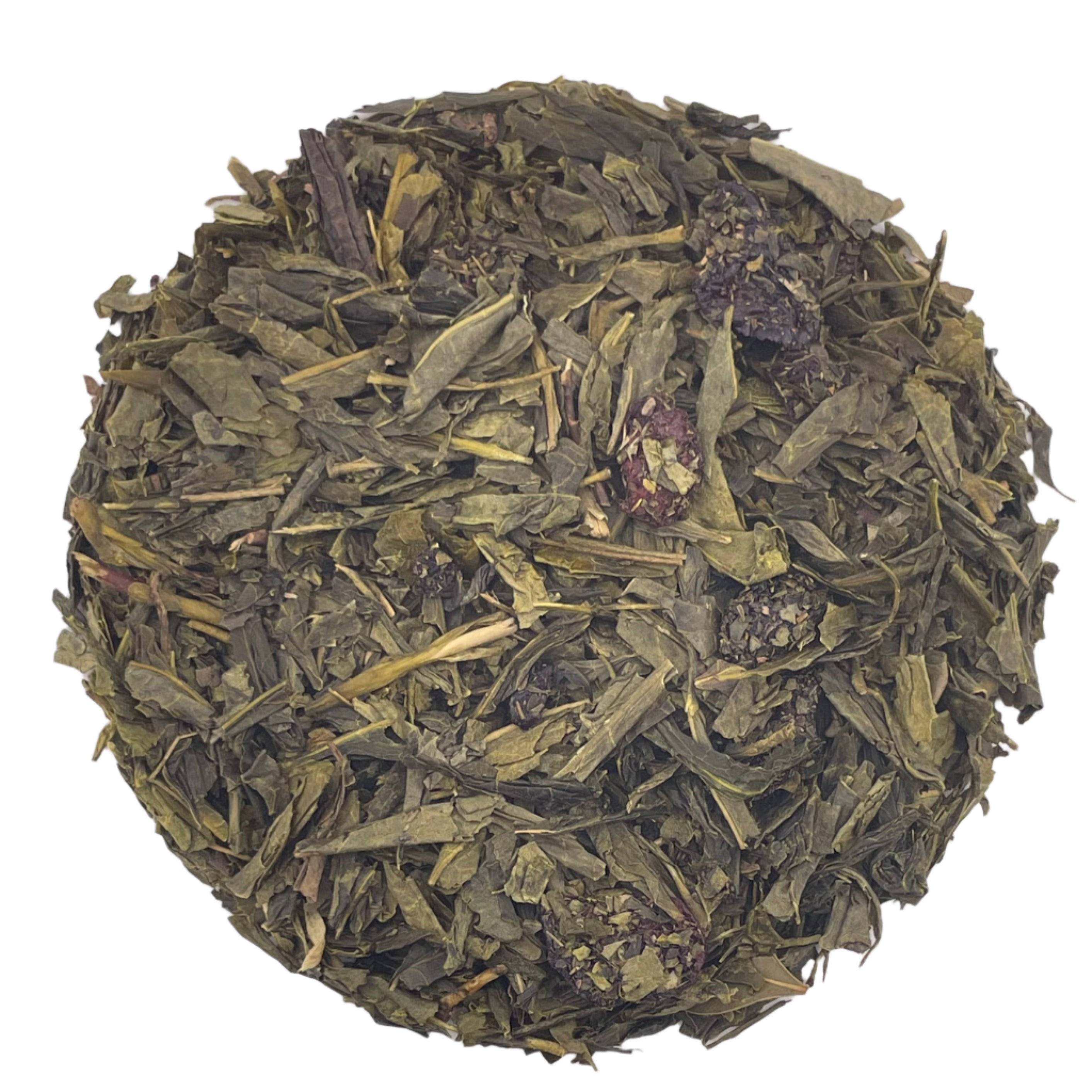 Dry green tea leaves and dried red cherries