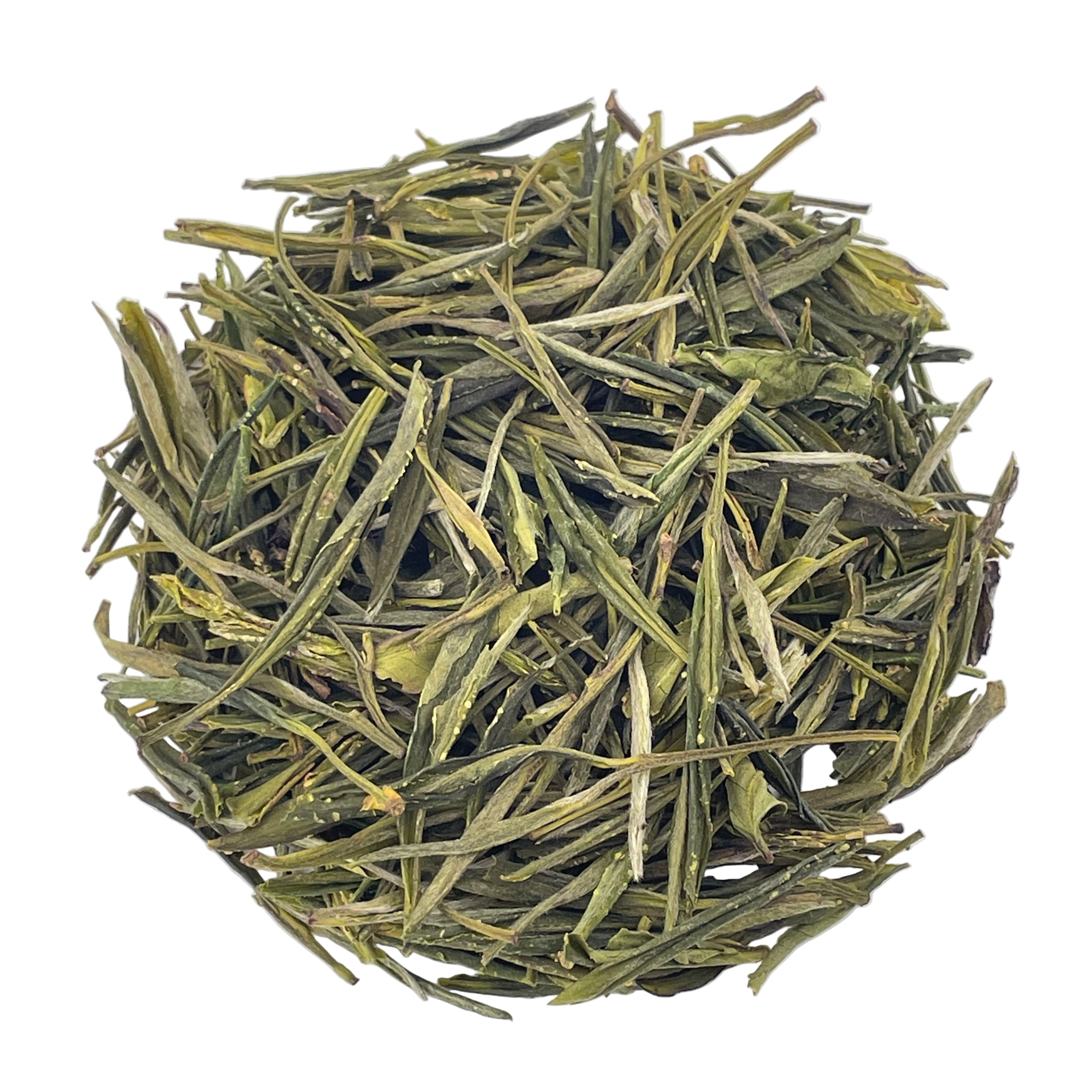 Green tea leaves on a white background