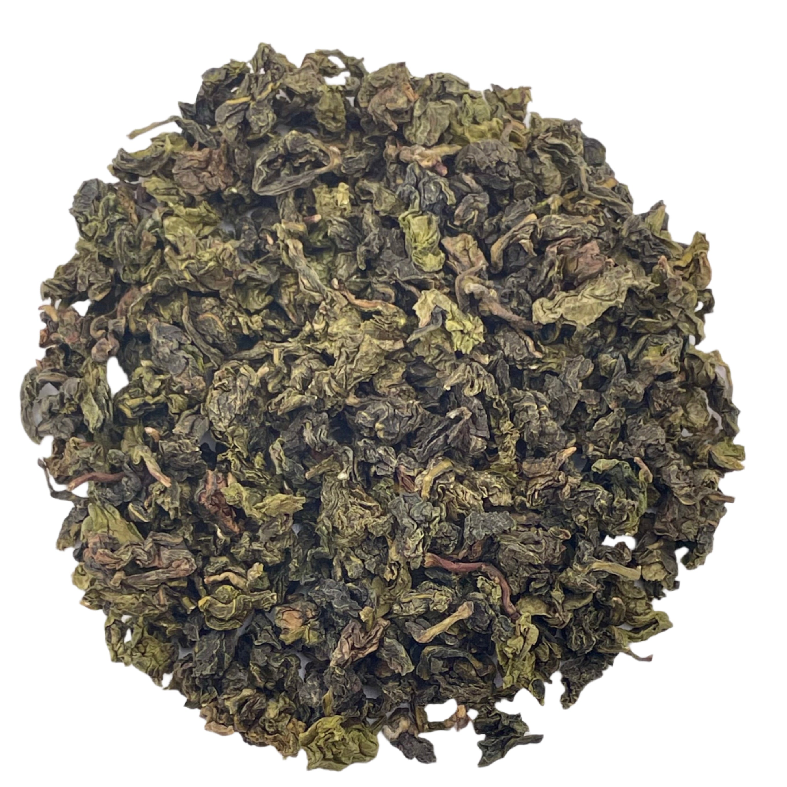 Dry green tea leaves on a white background